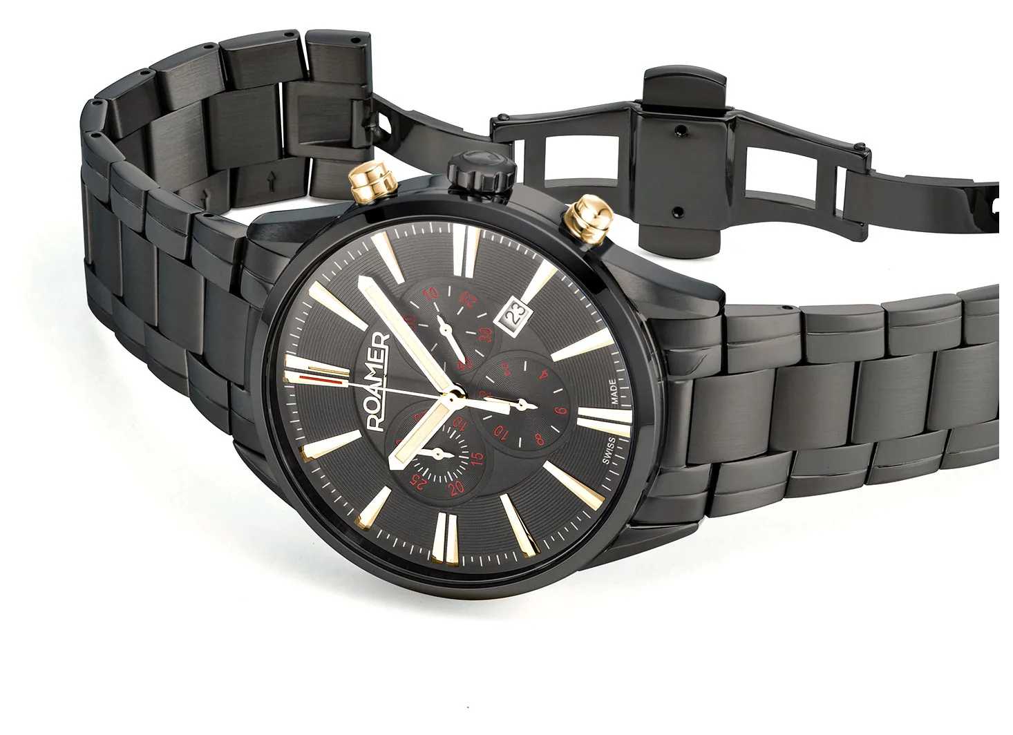 Roamer Superior Chrono 44 mm Men's Watch – Gunmetal Case, Black Dial, Stainless Steel Bracelet, Swiss Quartz Movement