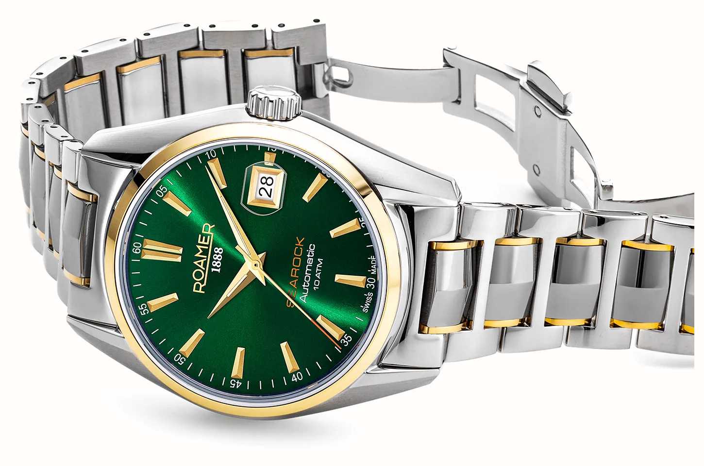 Roamer Searock I Men's Automatic Watch – 42 mm Green Sunray Dial, Silver & Gold Stainless Steel, Swiss Automatic Movement