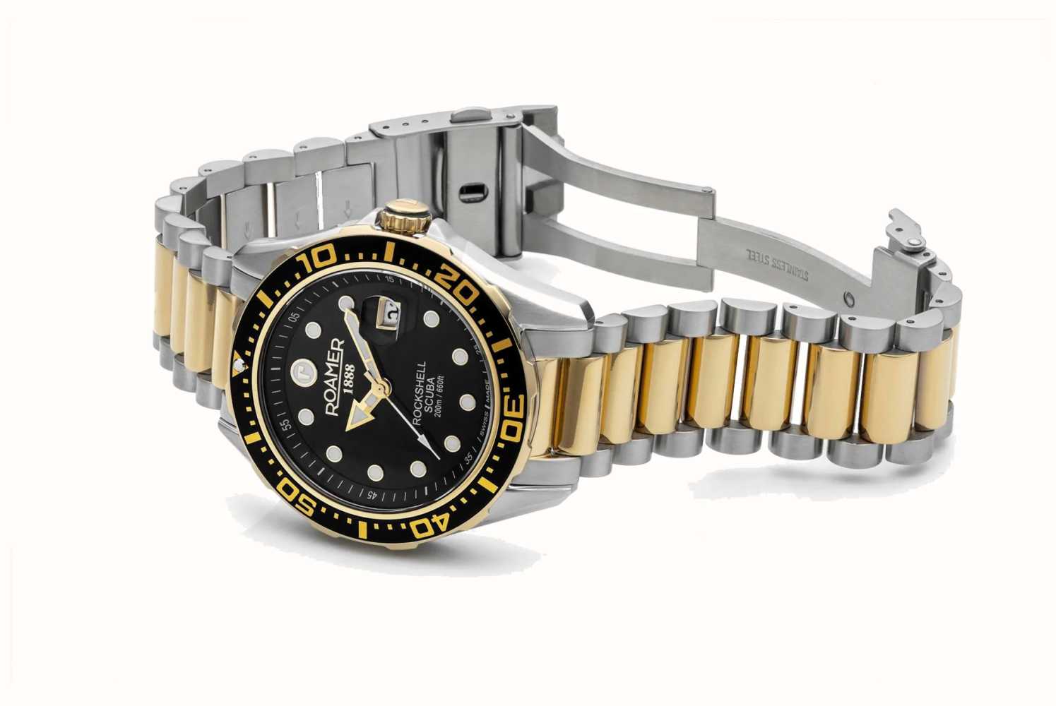 Roamer Rockshell Mark III Scuba 44 mm Men's Watch – Black Dial, Bicolor Stainless Steel Bracelet, Swiss Quartz Movement