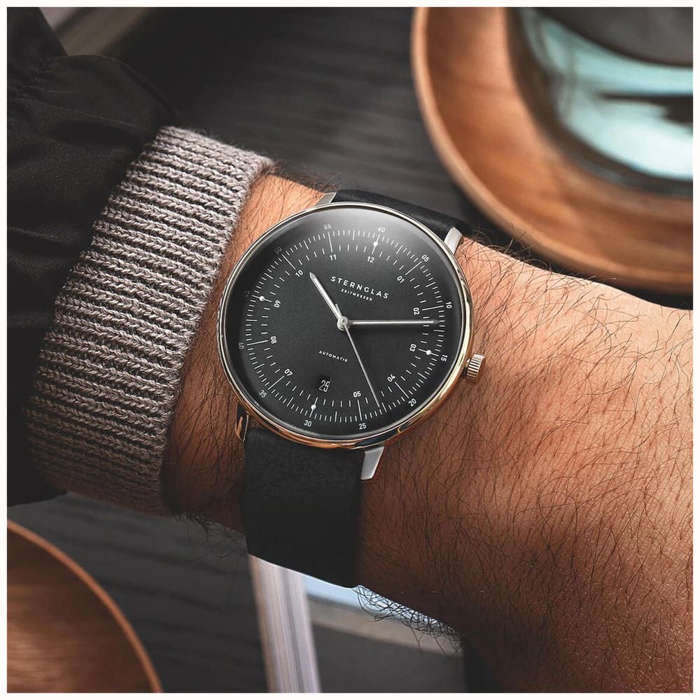 Sternglas Hamburg Automatic 42mm Watch S02-HH11-VI15, Graphite Satin-Finished Dial, Sapphire Crystal, Black Leather Strap, 5 ATM Water Resistant