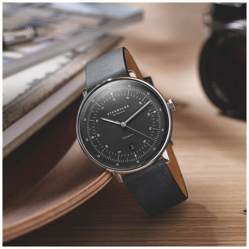 Sternglas Hamburg Automatic 42mm Watch S02-HH11-VI15, Graphite Satin-Finished Dial, Sapphire Crystal, Black Leather Strap, 5 ATM Water Resistant