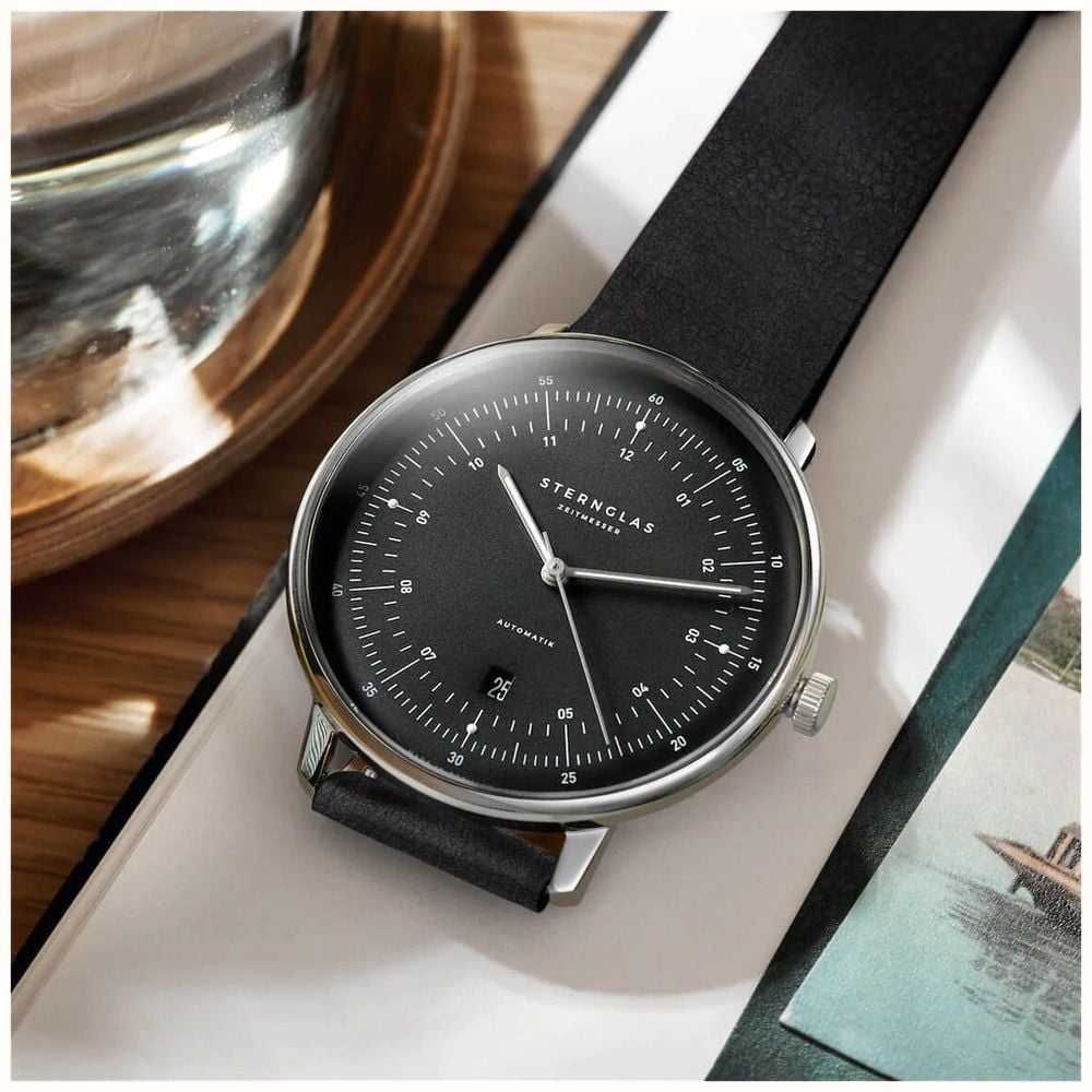 Sternglas Hamburg Automatic 42mm Watch S02-HH11-VI15, Graphite Satin-Finished Dial, Sapphire Crystal, Black Leather Strap, 5 ATM Water Resistant