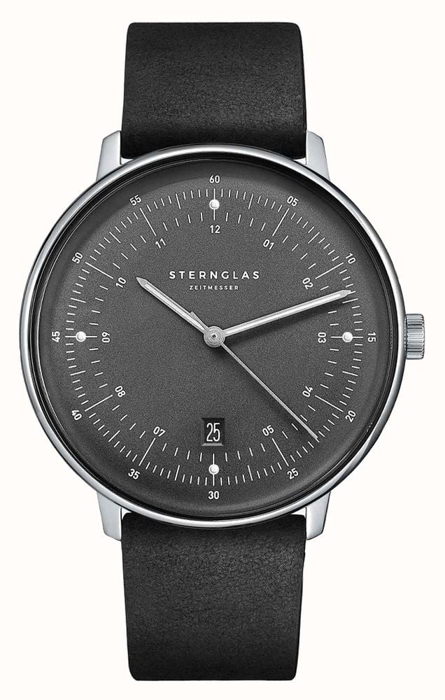 Sternglas Hamburg Automatic 42mm Watch S02-HH11-VI15, Graphite Satin-Finished Dial, Sapphire Crystal, Black Leather Strap, 5 ATM Water Resistant