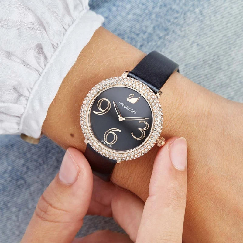 Swarovski Crystal Frost Black Dial Watch – Rose Gold PVD Case & Black Leather Strap | Swiss Made Women's Timepiece