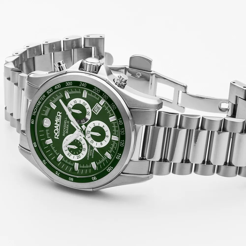 Roamer Rockshell Mark III Chronograph Men's Battery Watch – Green Dial, Stainless Steel Bracelet, Swiss Quartz Movement
