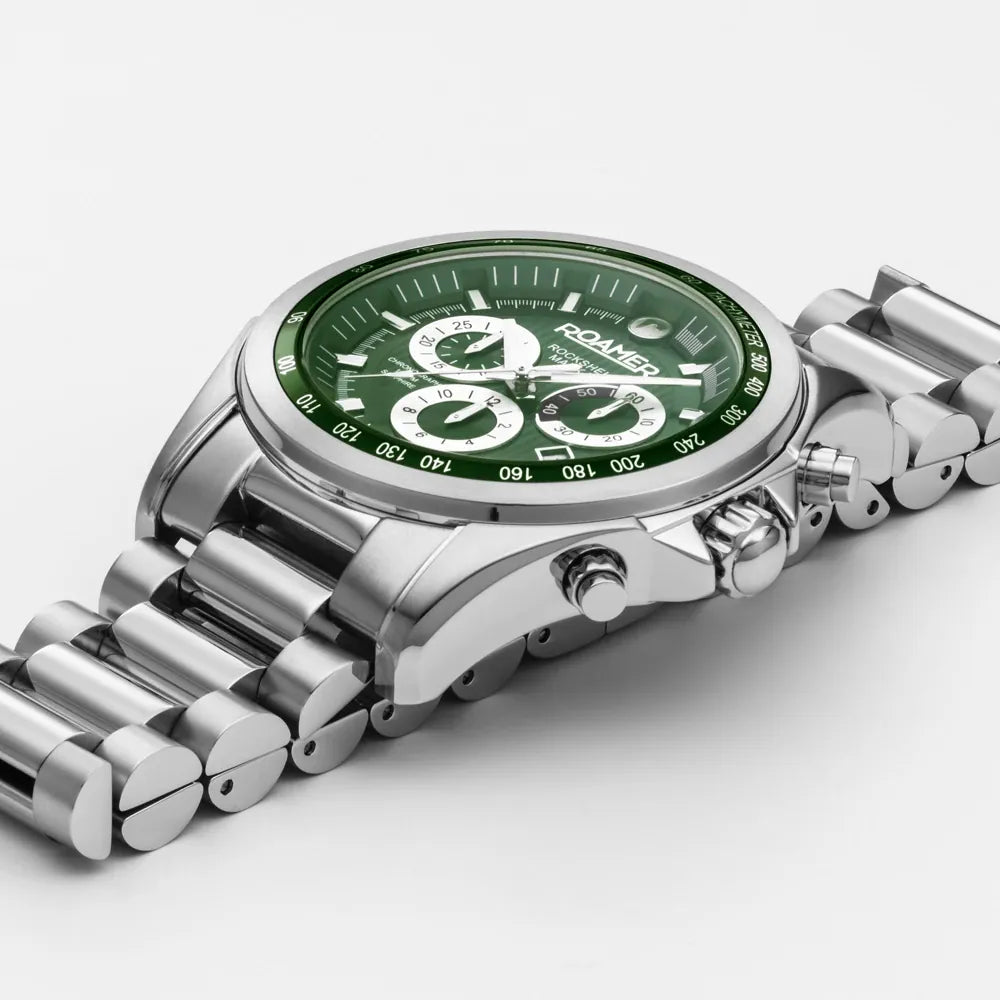 Roamer Rockshell Mark III Chronograph Men's Battery Watch – Green Dial, Stainless Steel Bracelet, Swiss Quartz Movement