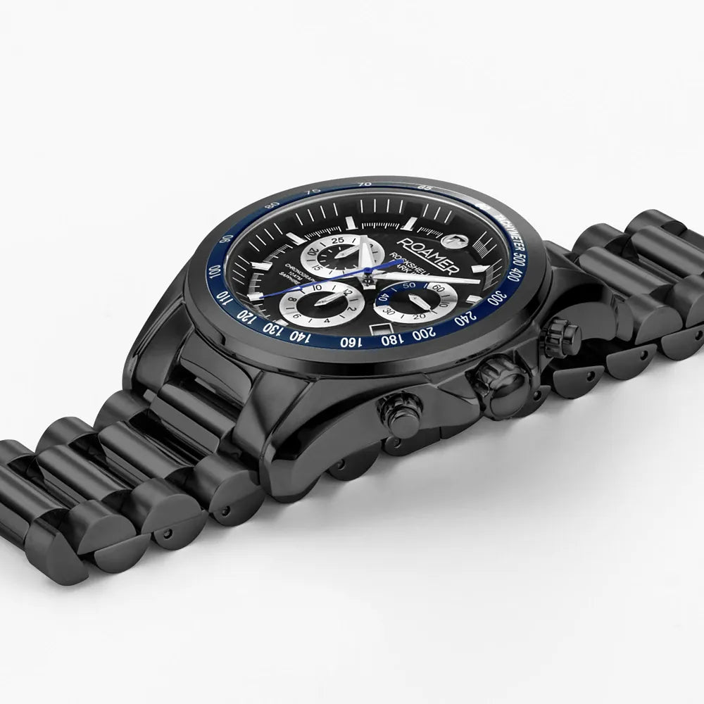 Roamer Rockshell Mark III Chrono Men's Battery Watch – Black Dial, Stainless Steel Bracelet, Swiss Quartz Movement