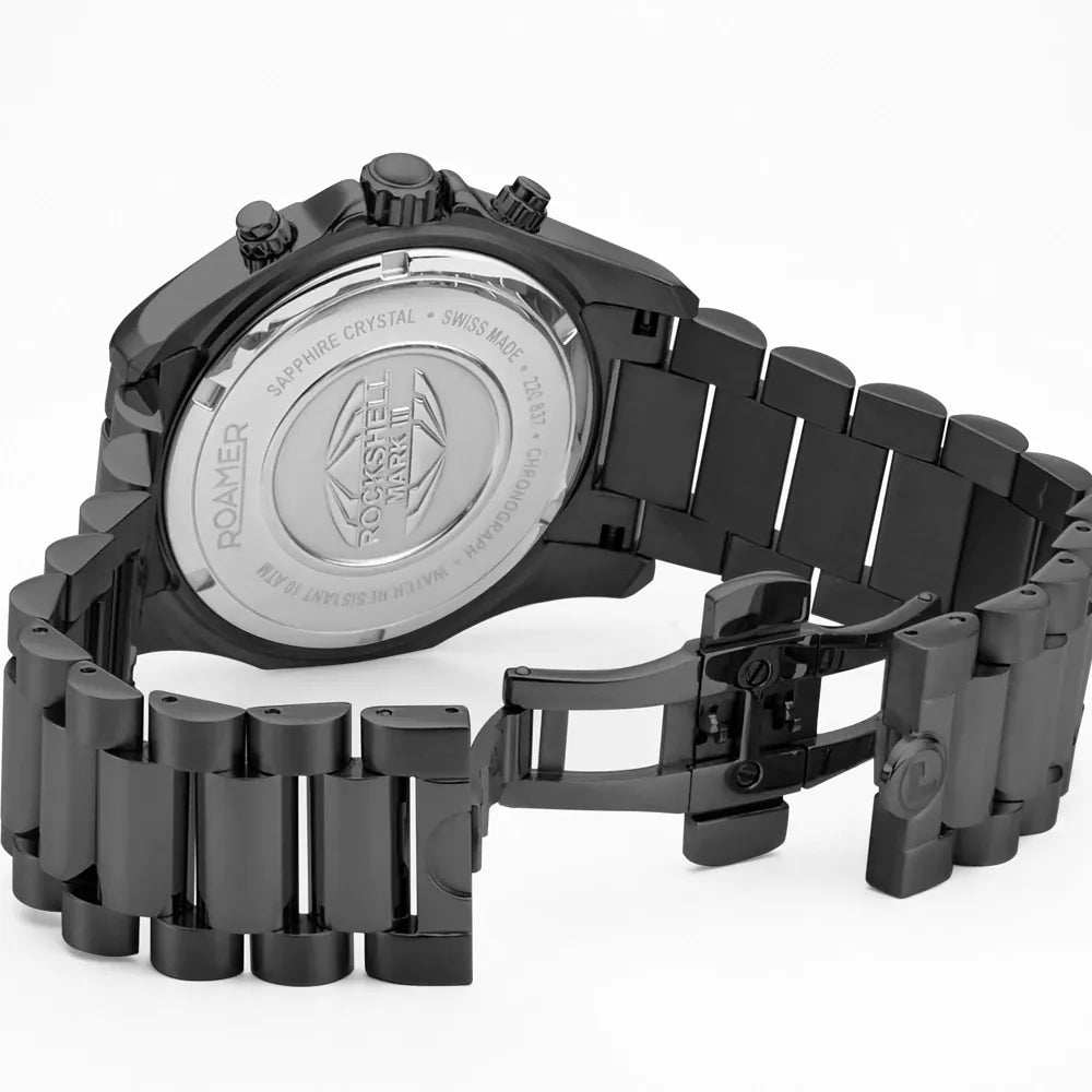 Roamer Rockshell Mark III Chrono Men's Battery Watch – Black Dial, Stainless Steel Bracelet, Swiss Quartz Movement