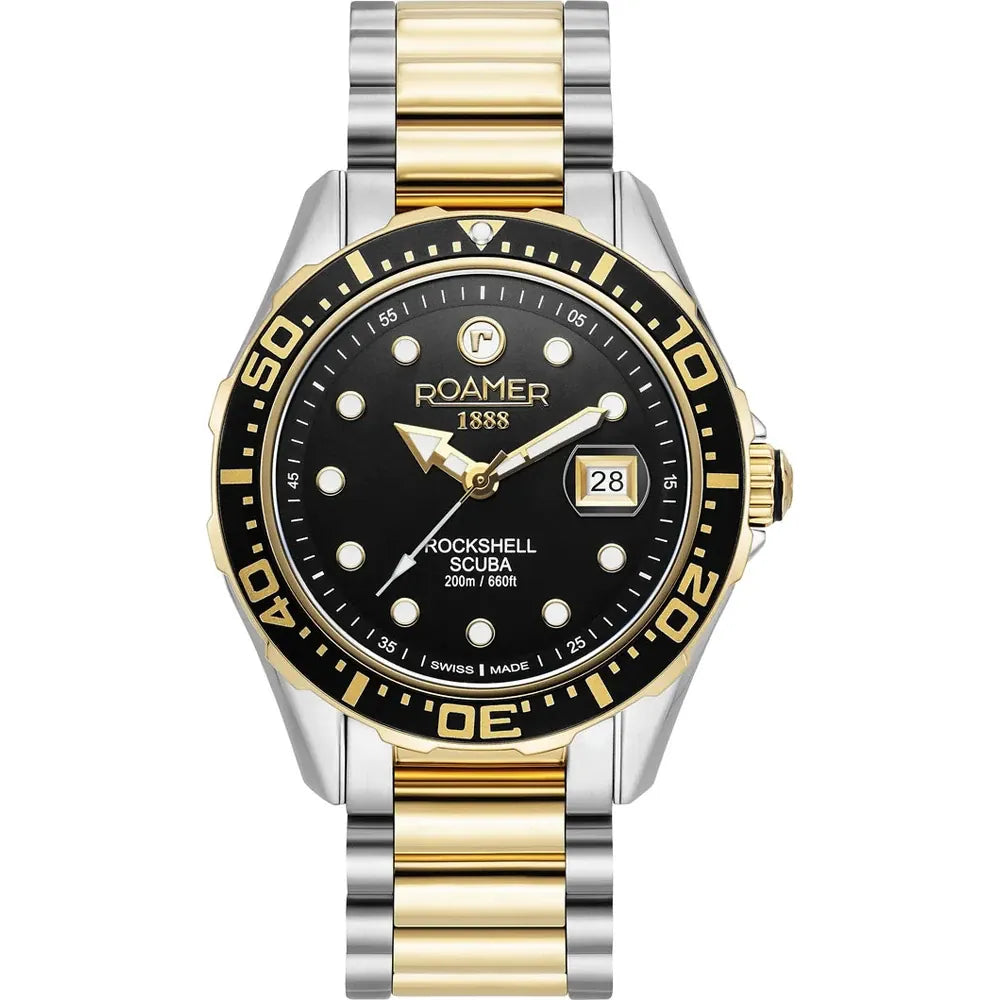 Roamer Rockshell Mark III Scuba 44 mm Men's Watch – Black Dial, Bicolor Stainless Steel Bracelet, Swiss Quartz Movement