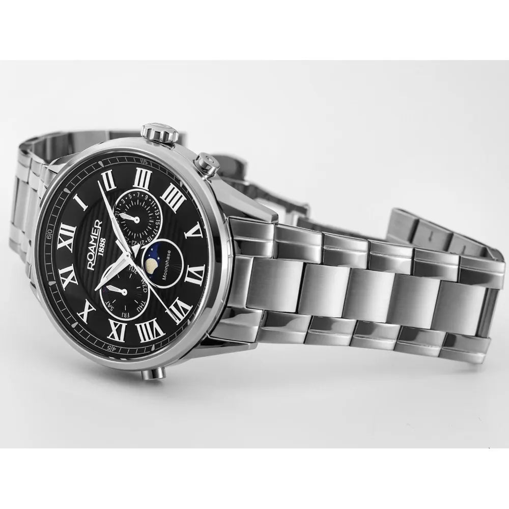 Roamer Superior Moonphase II 43 mm Men's Watch – Black Dial, Stainless Steel Case & Bracelet, Swiss Quartz Movement