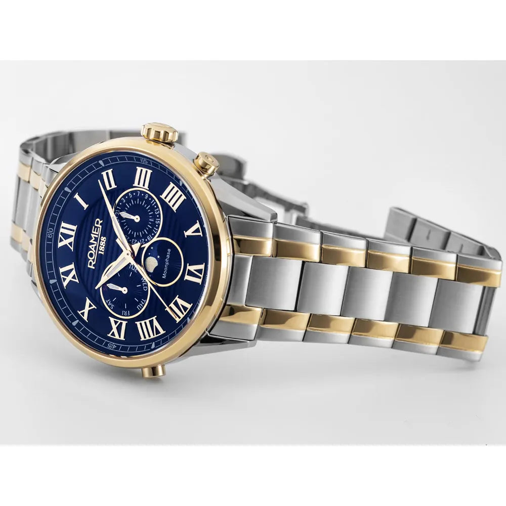 Roamer Superior Moonphase II 43 mm Men's Watch – Blue Dial, Stainless Steel Case & Bicolor Bracelet, Swiss Quartz Movement