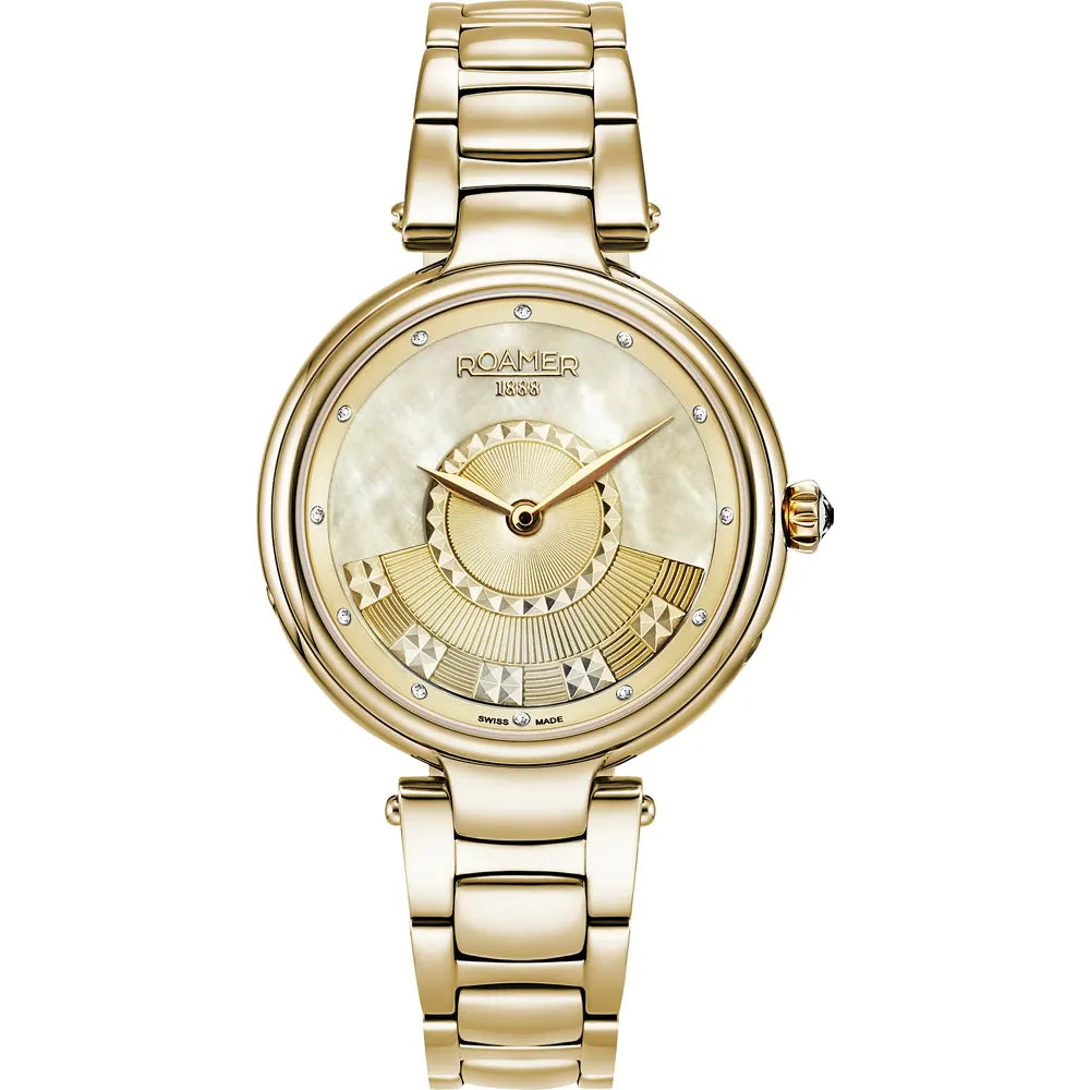 Roamer Lady Mermaid II Ladies 36mm Battery Watch – Gold Stainless Steel, Swiss Quartz Movement, Mother of Pearl Dial, 50m Water Resistance