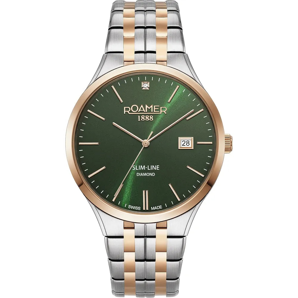 Roamer Slim-Line 40mm Men's Watch – Swiss Made, Green Dial, Rose Gold Hands, Stainless Steel Case, Water Resistance to 5 Bar