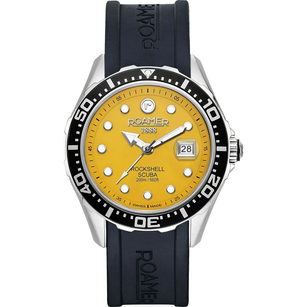 Roamer Rockshell Mark III Scuba 45mm Men's Watch – Swiss Made, Yellow Dial, 200M Water Resistance, Quartz Movement