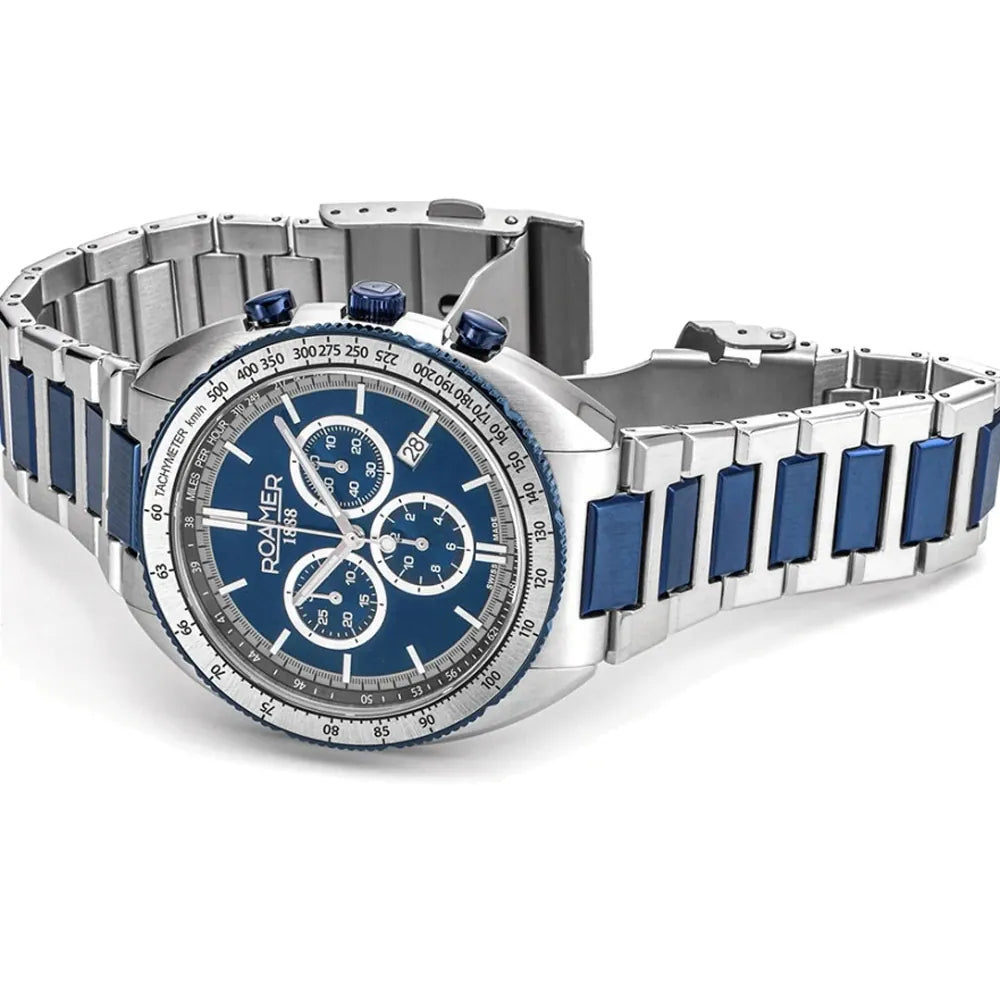 Roamer Power Chrono Men's Battery Watch – 44 mm Blue Dial, Stainless Steel Bracelet, Swiss Quartz Movement