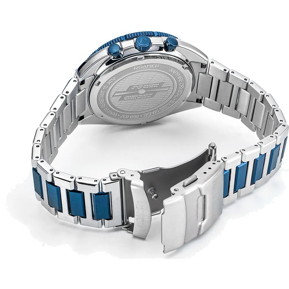 Roamer Power Chrono Men's Battery Watch – 44 mm Blue Dial, Stainless Steel Bracelet, Swiss Quartz Movement