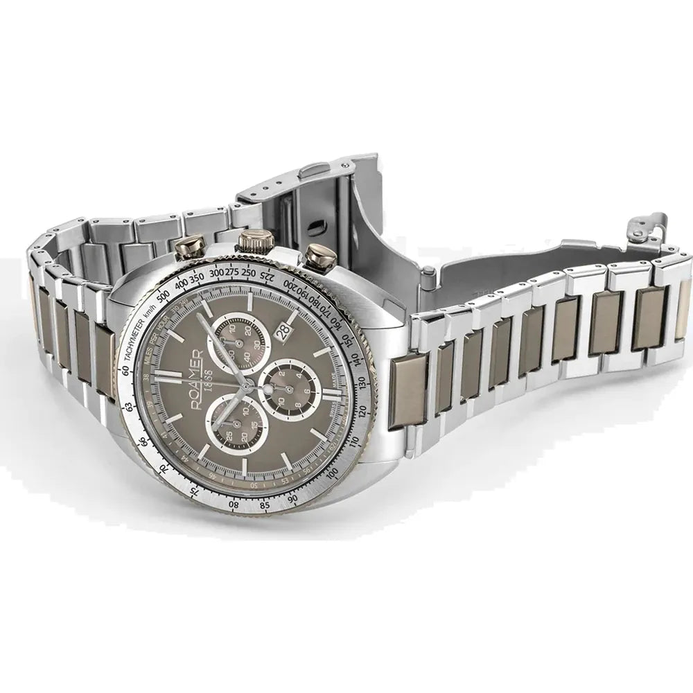 Roamer Power Chrono Men's Battery Watch – 44 mm Grey Dial, Stainless Steel Bracelet, Swiss Quartz Movement