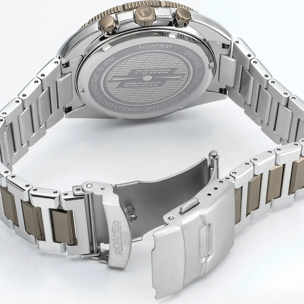 Roamer Power Chrono Men's Battery Watch – 44 mm Grey Dial, Stainless Steel Bracelet, Swiss Quartz Movement