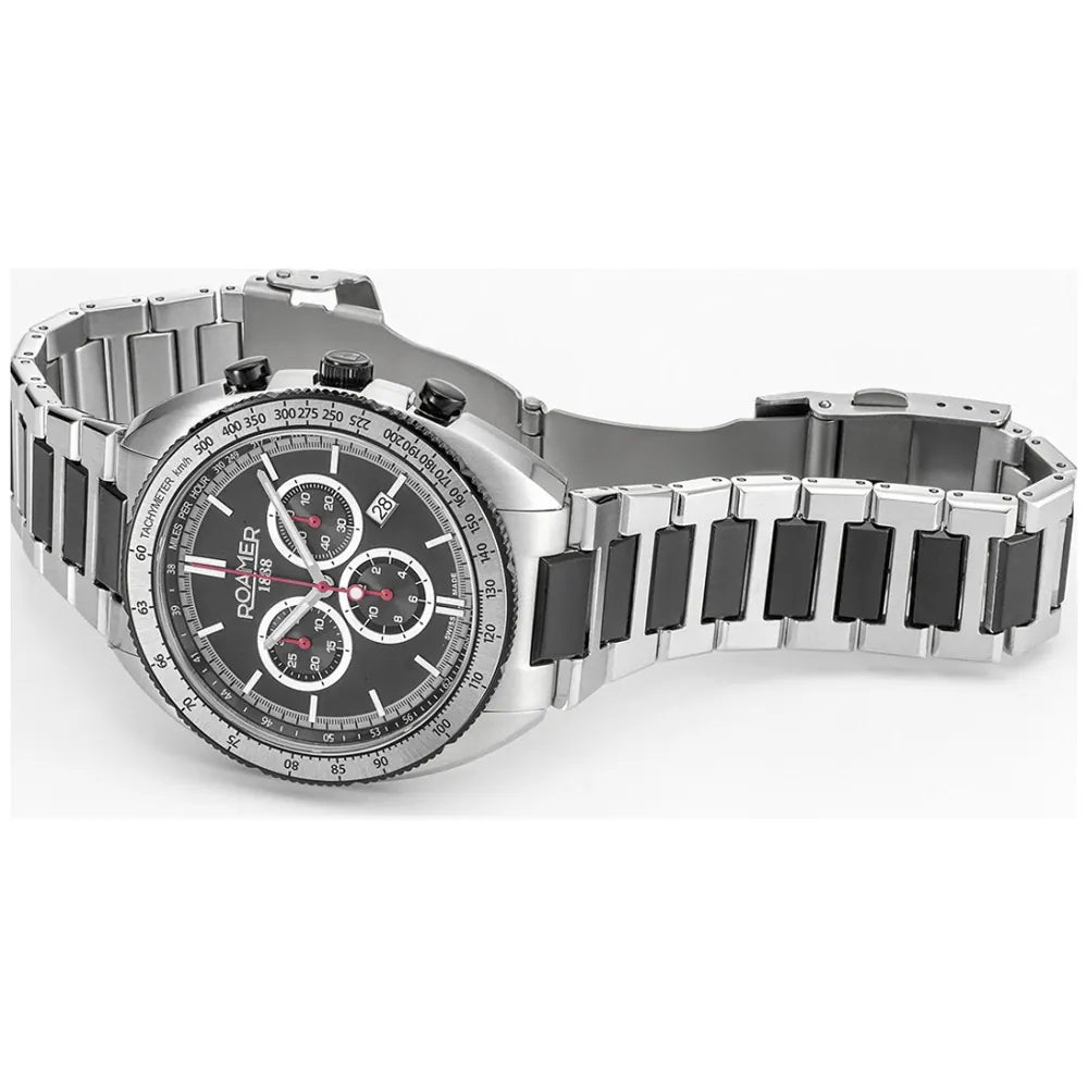 Roamer Power Chrono Men's Battery Watch – 44 mm Black Dial, Stainless Steel Bracelet, Swiss Quartz Movement