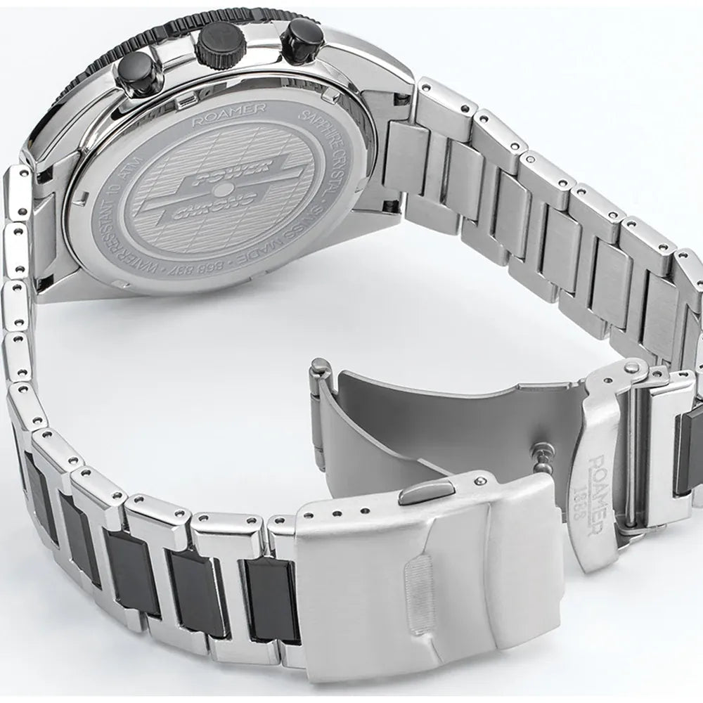 Roamer Power Chrono Men's Battery Watch – 44 mm Black Dial, Stainless Steel Bracelet, Swiss Quartz Movement