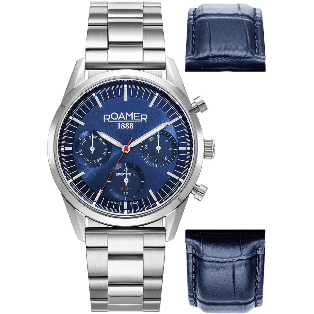 Roamer Sportivo IV Chronograph 43mm Men's Watch – Blue Dial, Silver Stainless Steel, Quartz Movement, 10 ATM Water Resistance