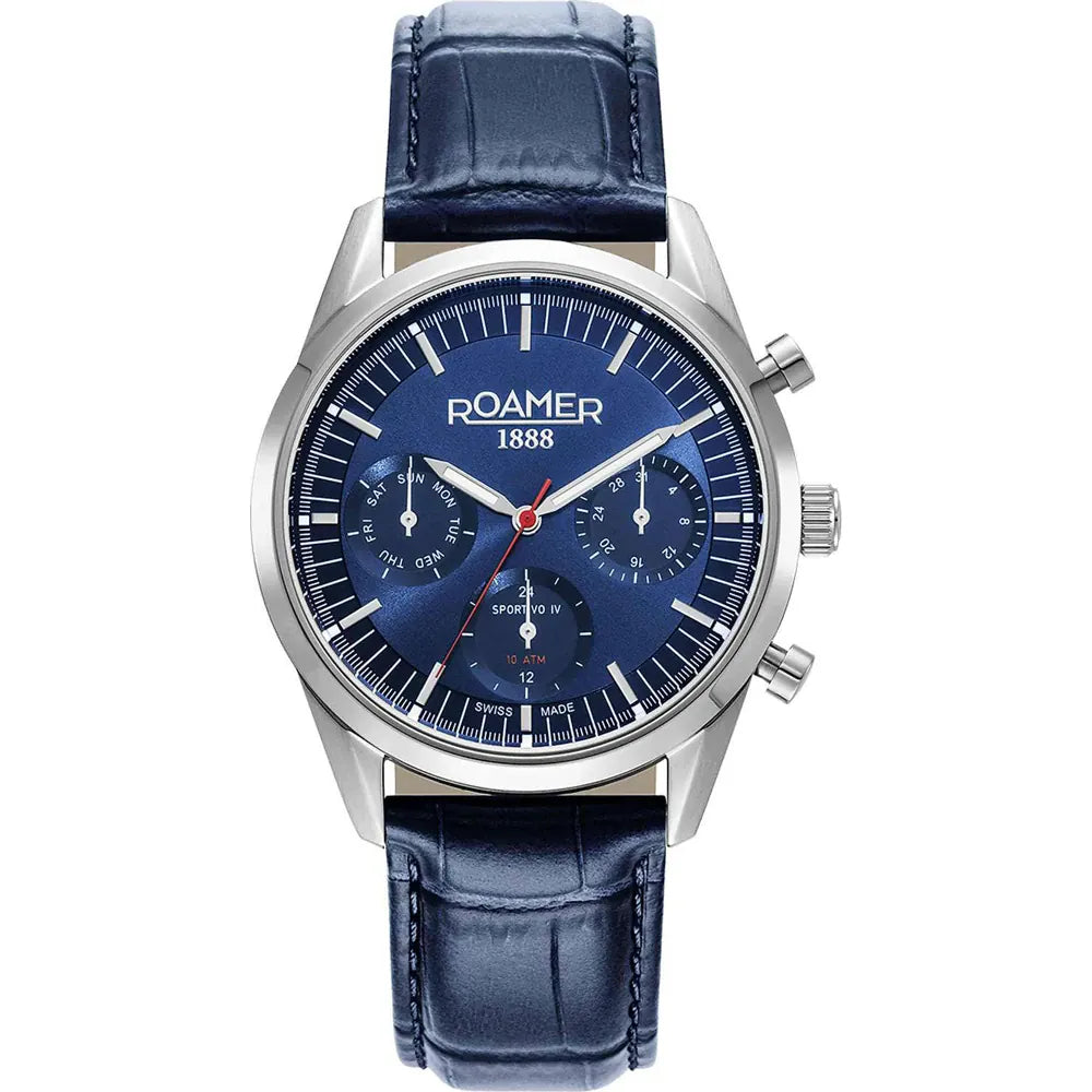 Roamer Sportivo IV Chronograph 43mm Men's Watch – Blue Dial, Silver Stainless Steel, Quartz Movement, 10 ATM Water Resistance