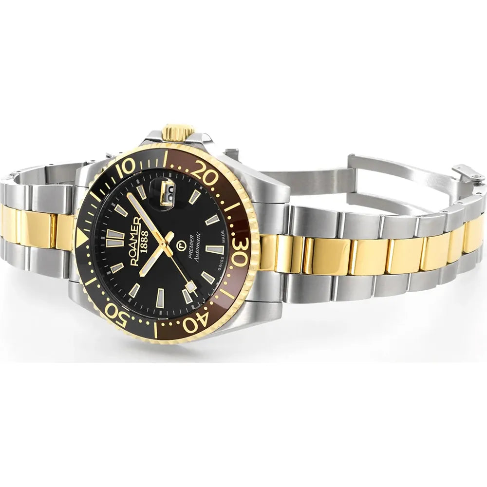 Roamer Premier Men's Automatic Dive Watch – 42 mm Black Dial, Two-Tone Stainless Steel Bracelet, Swiss Automatic Movement