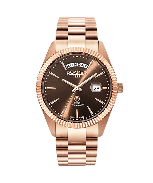 Roamer Primeline Daydate Rose-Gold Tone 42mm Men's Automatic Watch – Swiss Made, Sapphire Crystal, 50m Water Resistance