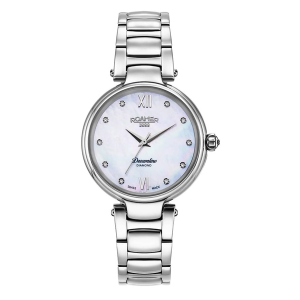 Roamer Dreamline Diamonds 33 mm Ladies Watch – Mother of Pearl Dial, Silver Hands, Quartz Movement, Stainless Steel Strap, Sapphire Crystal, 5 Bar Water Resistance