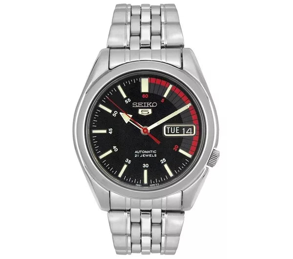Seiko 5 SNK375K1 – Japanese Made 37mm Stainless Steel Automatic Watch, Black Dial, Hardlex Crystal, Day-Date, Water Resistant