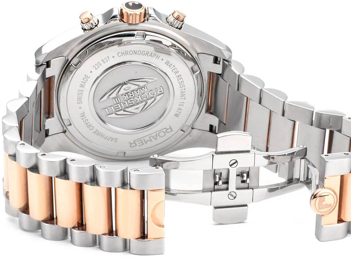 Roamer Rockshell Mark III Chronograph Men's Battery Watch – Green Dial, Rose Gold Hands, Stainless Steel Bracelet