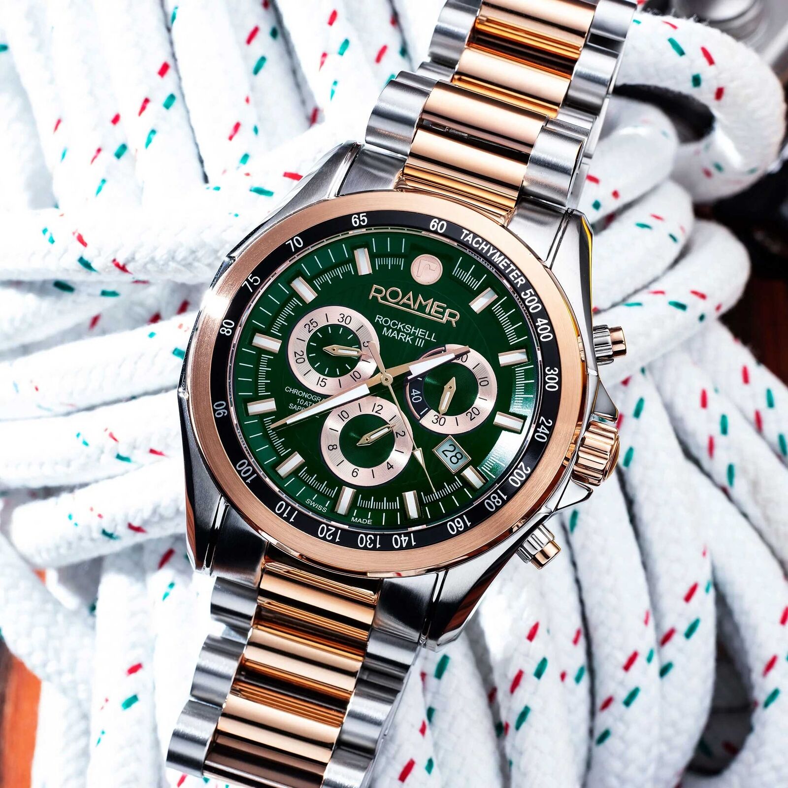 Roamer Rockshell Mark III Chronograph Men's Battery Watch – Green Dial, Rose Gold Hands, Stainless Steel Bracelet