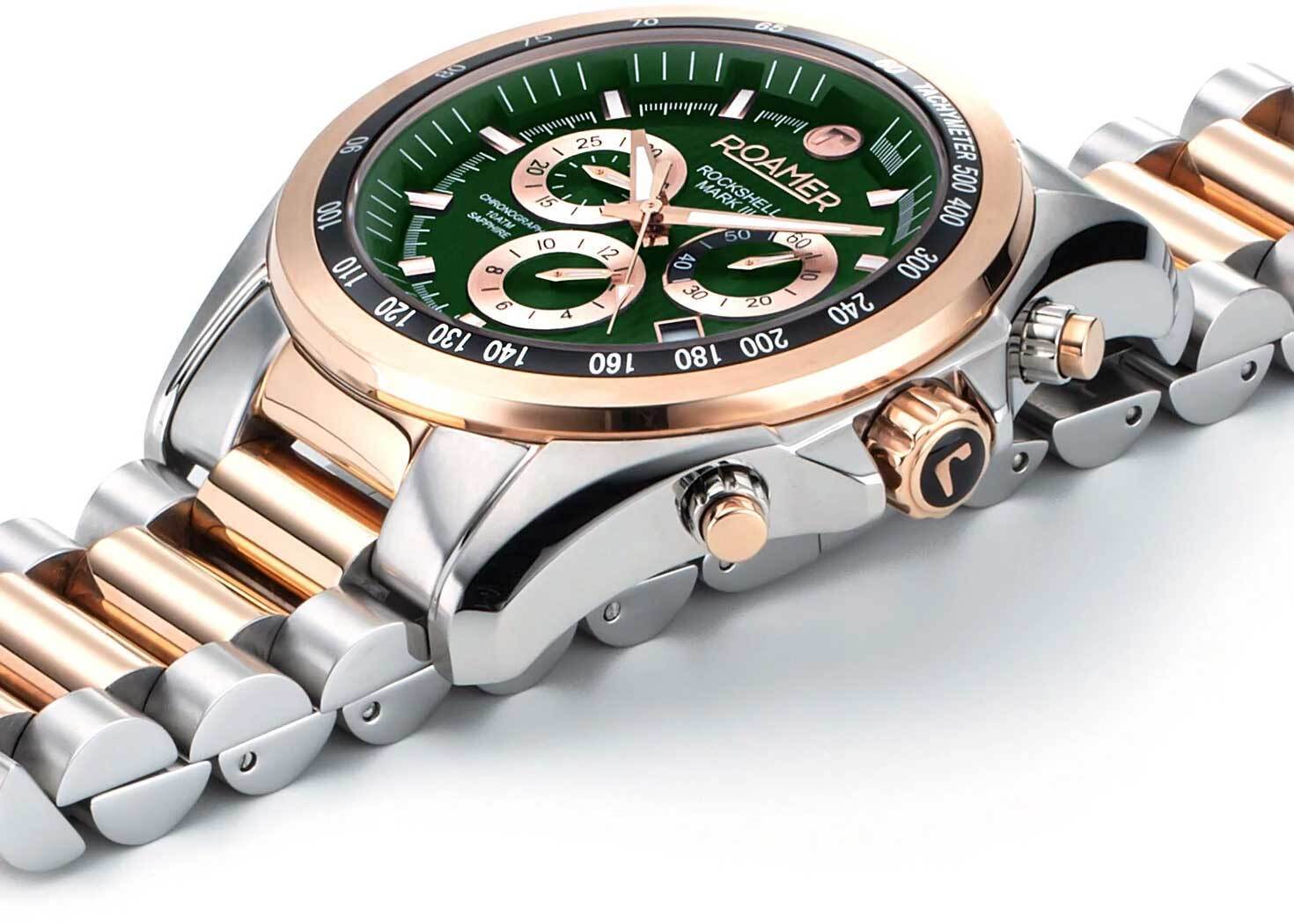 Roamer Rockshell Mark III Chronograph Men's Battery Watch – Green Dial, Rose Gold Hands, Stainless Steel Bracelet