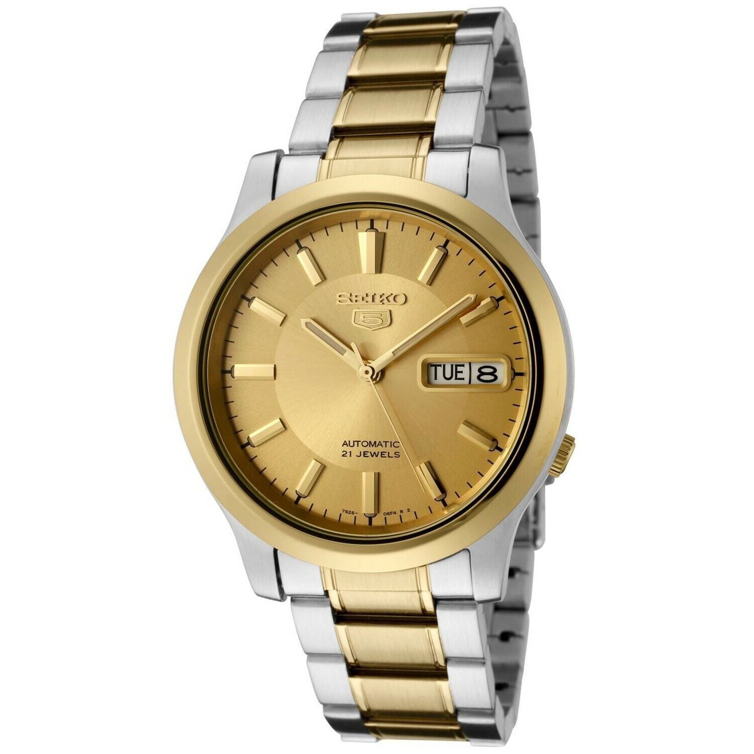 Seiko 5 Automatic Gold Dial Men's Watch SNK792K1 – Japanese Made 37mm, Two-Tone Stainless Steel, Self-Winding, Hardlex Crystal, Day-Date Display, 30M Water Resistance