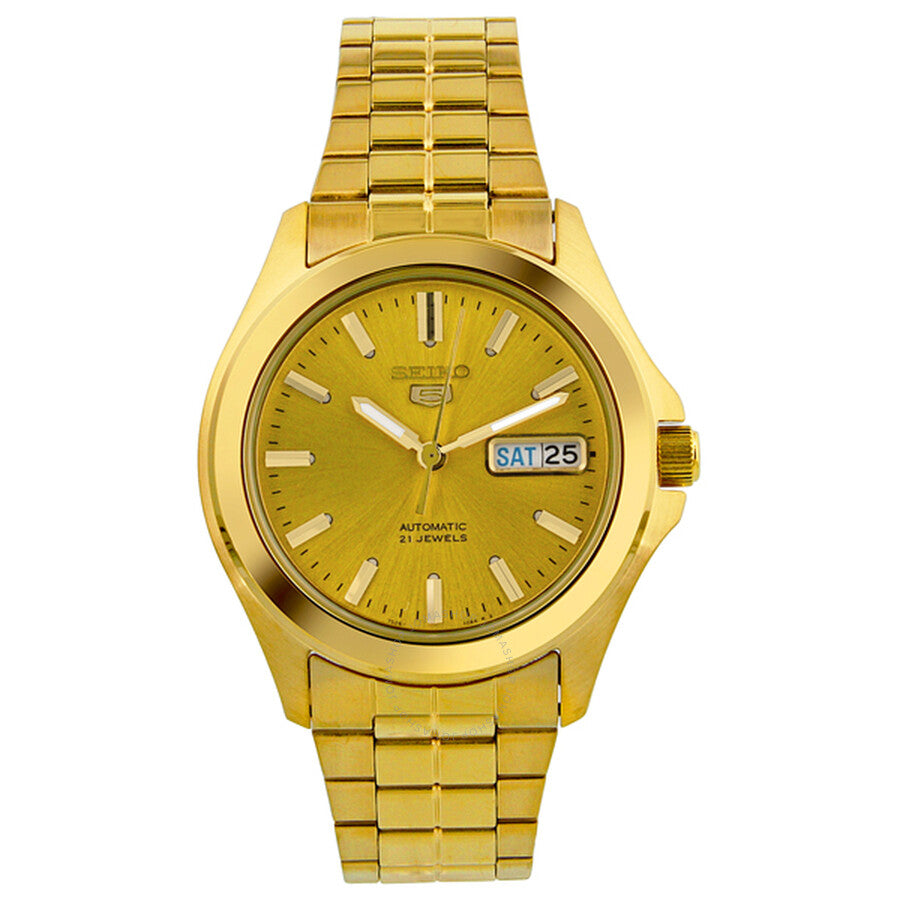 Seiko 5 Gold-Plated Men's Watch SNKK98K1 – Japanese Made 37mm Automatic Watch, Stainless Steel, Hardlex Crystal, Day-Date Display, 30M Water Resistance
