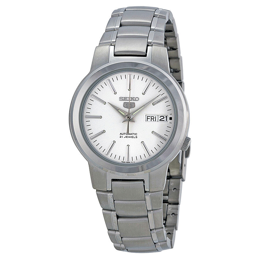 Seiko 5 White Dial Men's Watch SNKA01K1 – Japanese Made 37mm Automatic Watch, Stainless Steel, Hardlex Crystal, Day-Date Display, 30M Water Resistance