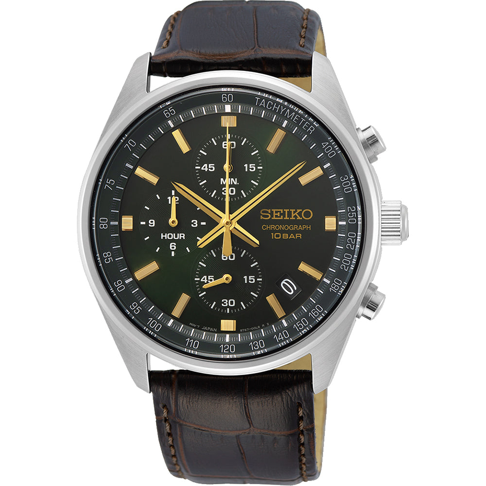 Seiko Chronograph Men's Watch SSB385P1 – Japanese Made 42mm Quartz Watch, Stainless Steel, Hardlex Crystal, Leather Strap, Date Display, 10 Bar Water Resistance
