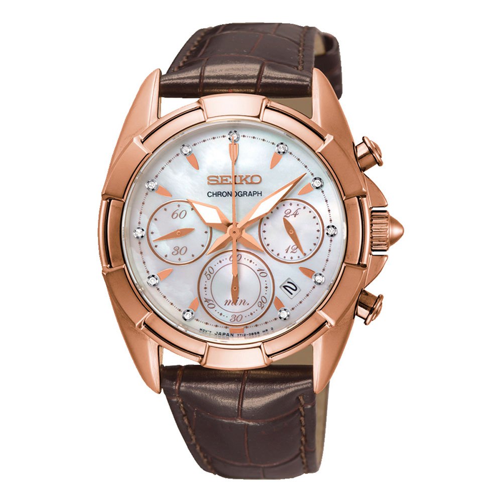 Seiko Rose Gold Unisex Chronograph Watch SRW784P1 – Japanese Made 35mm Quartz Watch, Diamond Accent, Hardlex Crystal, 100M Water Resistance, Leather Strap