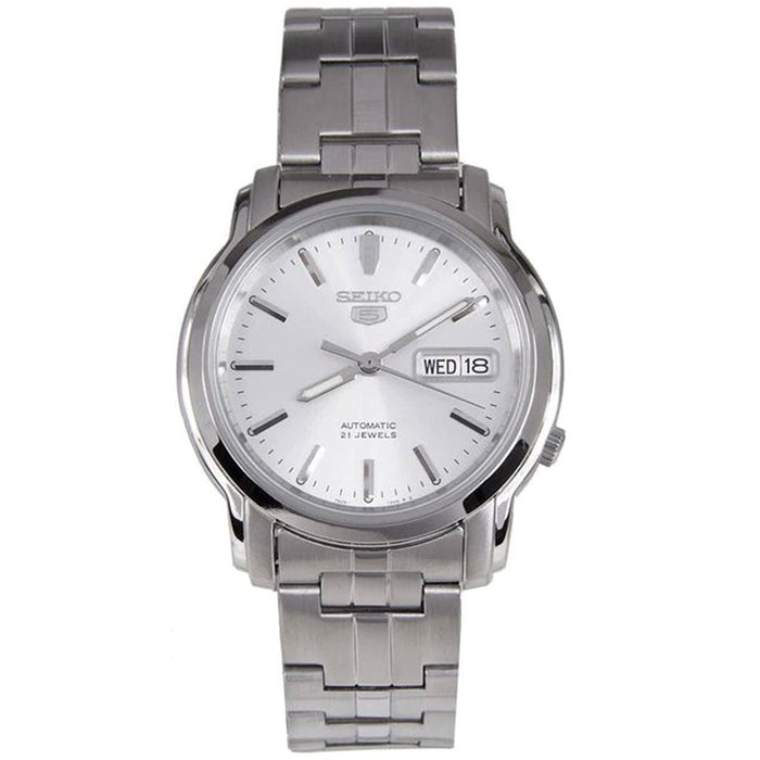 Seiko 5 SNKK65K1 – 38mm Automatic Watch, Silver Dial, Stainless Steel Bracelet, Hardlex Crystal, Day-Date Display, 30M Water Resistance