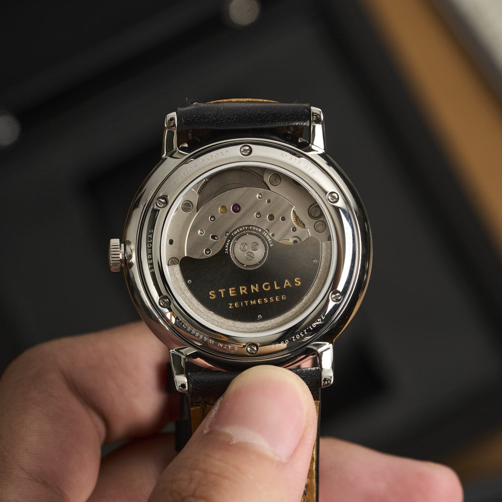 Sternglas NAOS AUTOMATIK Pro Oxford 38mm Automatic Watch S02-NAO26-MO01, Silver Dial, Sapphire Crystal, Modena Black Leather Strap, 5 ATM Water Resistant