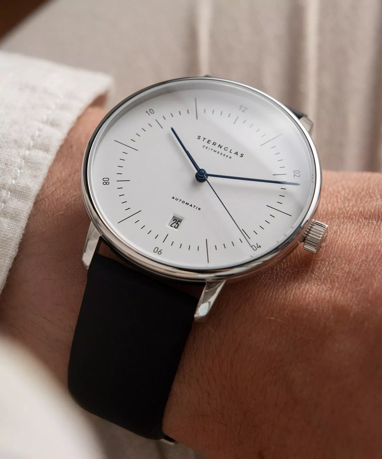 Sternglas NAOS XL 42mm Automatic Watch S02-NX01-PR07, White Dial, Sapphire Crystal, Premium Black Leather Strap, 5 ATM Water Resistant