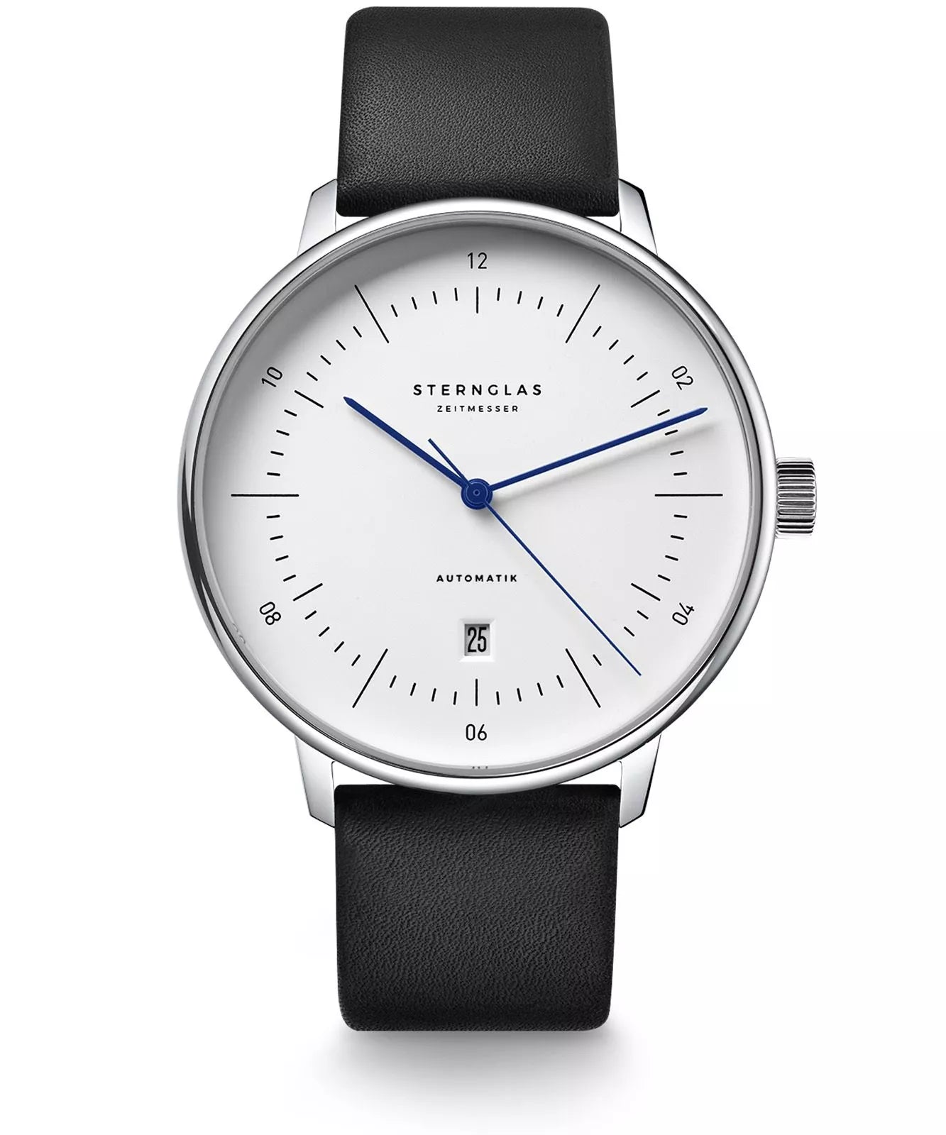 Sternglas NAOS XL 42mm Automatic Watch S02-NX01-PR07, White Dial, Sapphire Crystal, Premium Black Leather Strap, 5 ATM Water Resistant