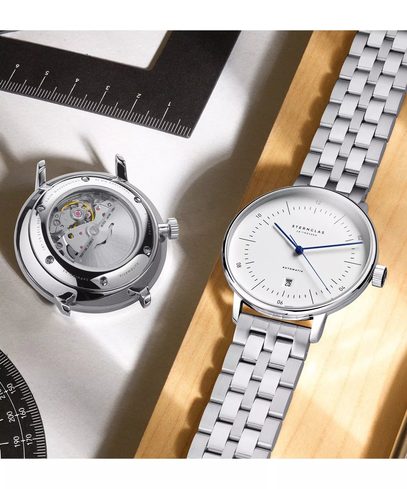 Sternglas NAOS XL 42mm Automatic Watch S02-NX01-ME13, White Dial, Sapphire Crystal, Stainless Steel Link Bracelet, 5 ATM Water Resistant