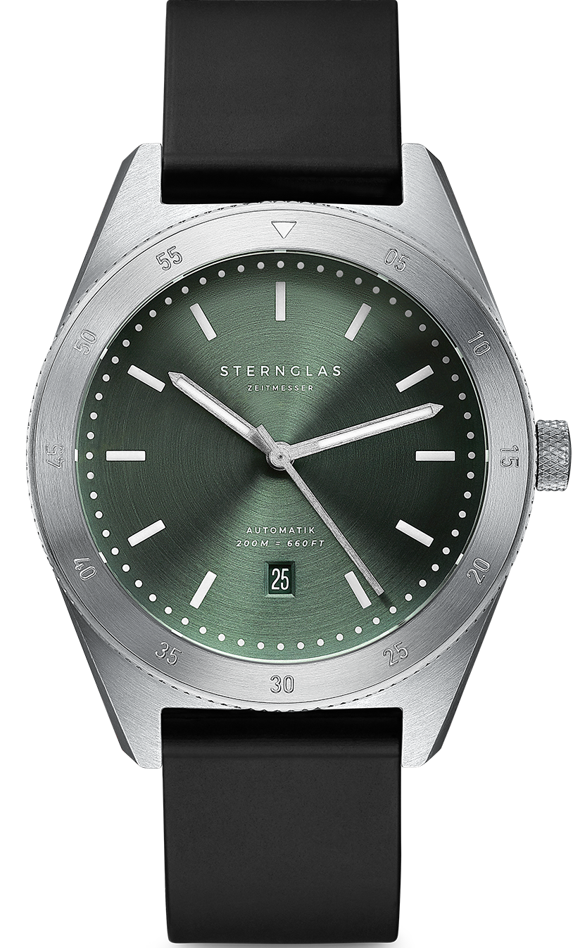 Sternglas MARUS 42mm Automatic Dive Watch S02-MA09-KA01, Green-Silver Dial, Sapphire Crystal, Black Rubber Strap, 20 ATM Water Resistant