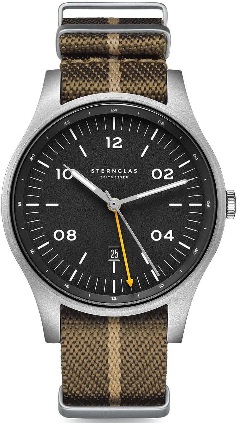 Sternglas Taiga GMT 42mm Watch S01-TA11-NA02, Anthracite Silver Dial, Sapphire Crystal, Nylon NATO Green Strap, 10 ATM Water Resistant