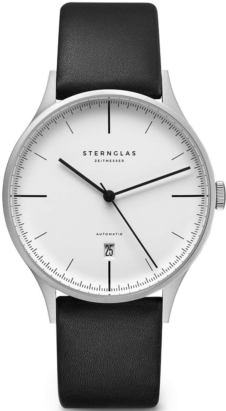 Sternglas ASTHET 40mm Automatic Watch S02-AS01-PR14, White Silver Dial, Sapphire Crystal, Premium Black Leather Strap, 5 ATM Water Resistant