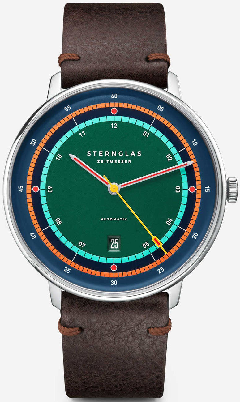 Sternglas HAMBURG AUTOMATIK Edition Argo 42mm Watch S02-HHA08-VI11, Green Dial, Sapphire Crystal, Vintage Mocha Leather Strap, 5 ATM Water Resistant
