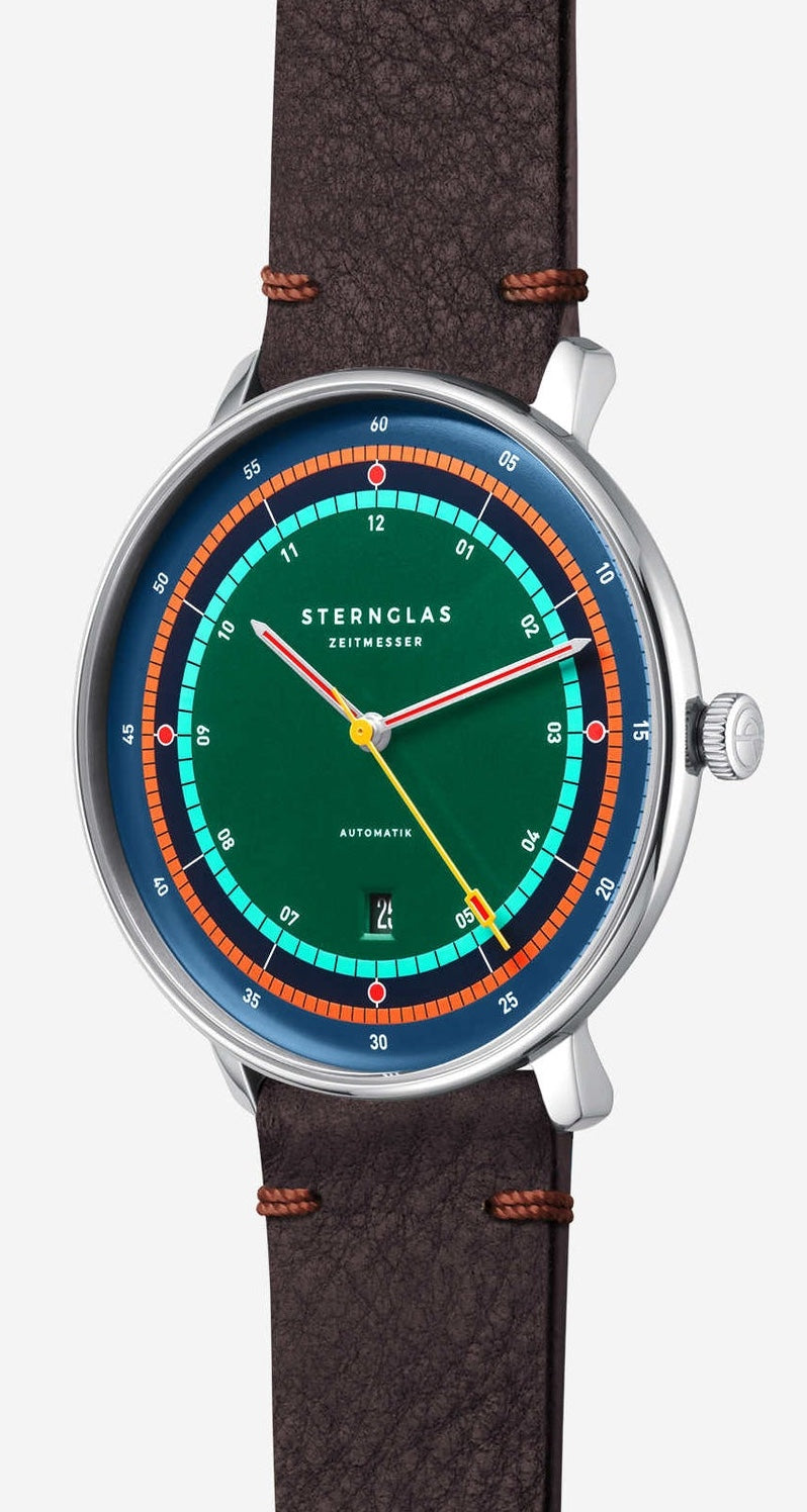 Sternglas HAMBURG AUTOMATIK Edition Argo 42mm Watch S02-HHA08-VI11, Green Dial, Sapphire Crystal, Vintage Mocha Leather Strap, 5 ATM Water Resistant