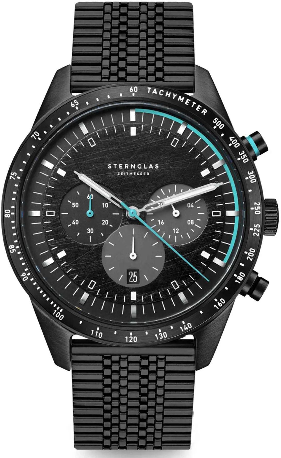 Sternglas TACHYMETER Edition Meteor 42mm Quartz Watch S01-TYM05-ME11, Black-Turquoise Dial, Sapphire Crystal, Super Slim Black Stainless Steel Strap, 5 ATM Water Resistant