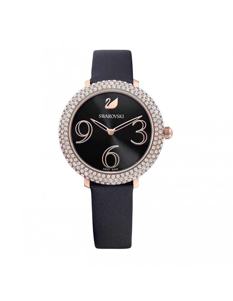 Swarovski Crystal Frost Black Dial Watch – Rose Gold PVD Case & Black Leather Strap | Swiss Made Women's Timepiece